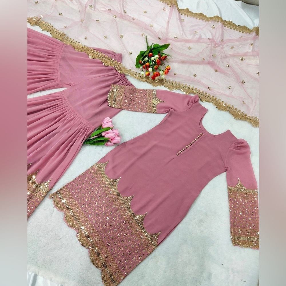 Elegant Pink Gharara Dress with Gold Embellishment